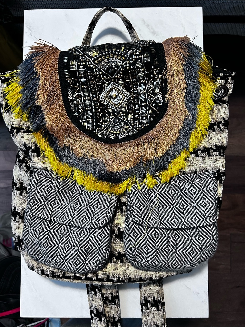 Anthropologie Beaded Textile Fringe Backpack in Black, Yellow, Tan, Gray
